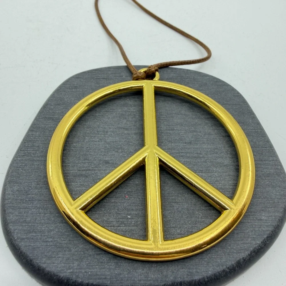 Gold Tone Peace Sign Pendant Necklace Brown Cord Boho Hippie Statement Gift